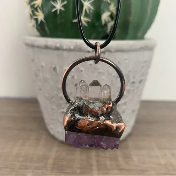 Tri-Quartz Point & Amethyst Copper Wrapped Necklace - Picture 6 of 9